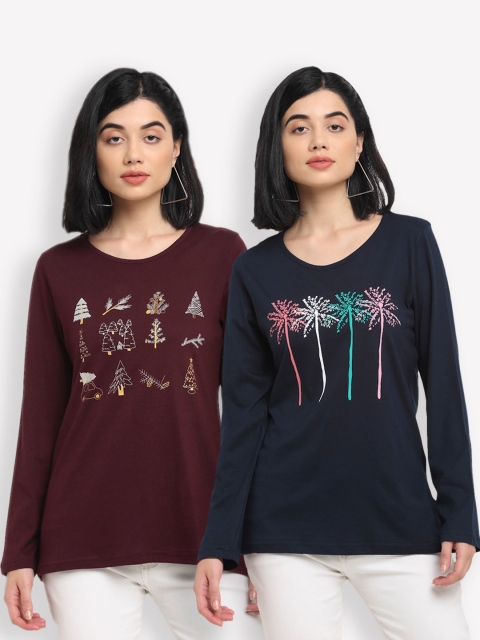 

Kanvin Women Pack Of 2 Navy Blue & Brown Printed T-shirts