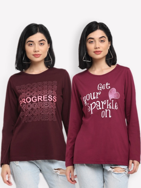 

Kanvin Women Brown & Maroon Pack Of 2 Printed T-shirts
