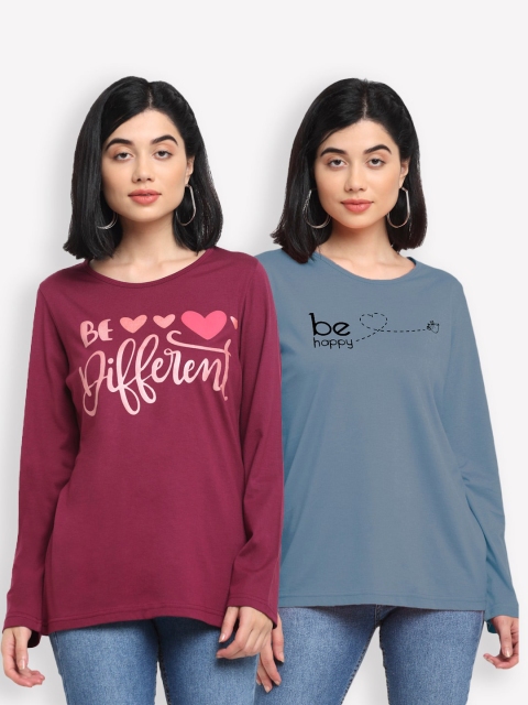 

Kanvin Women Maroon & Blue Typography Set Of 2 Printed T-shirt