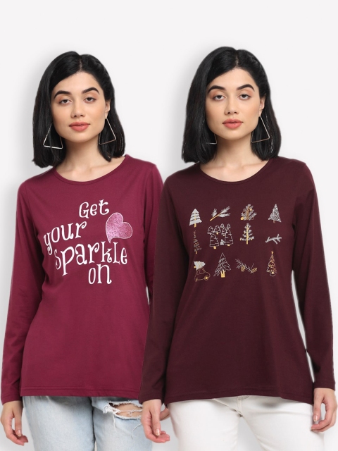 

Kanvin Women Maroon & Brown Typography Set Of 2 Printed T-shirt