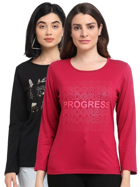 

Kanvin Women Pack Of 2 Typography Printed T-shirt, Red
