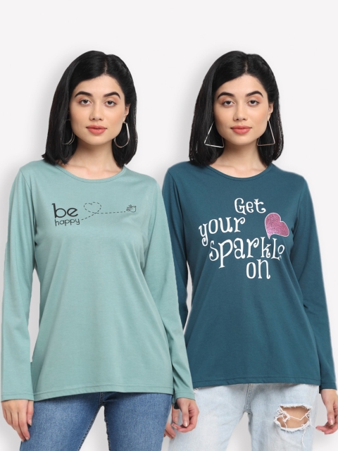 

Kanvin Women Sea Green & Teal Pack Of 2 Printed T-shirts
