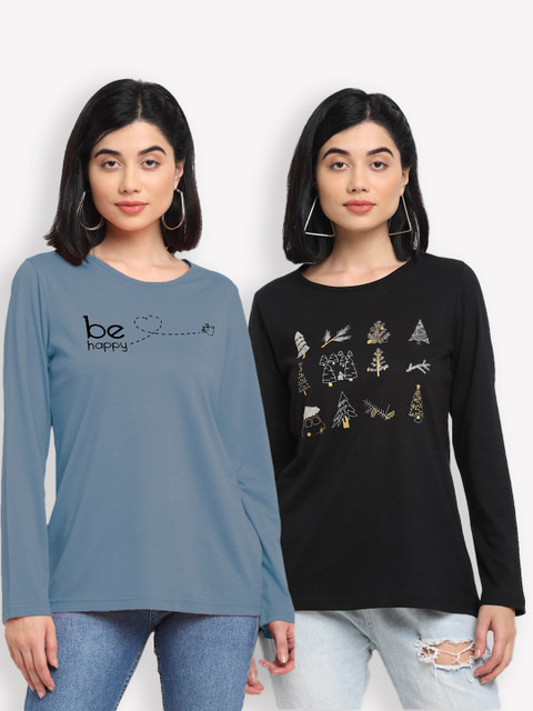 

Kanvin Women Blue Typography Pack of 2 Printed T-shirt