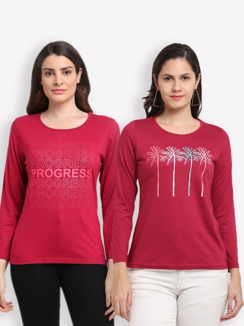 

Kanvin Women Pack of 2 Red Typography Printed T-shirts