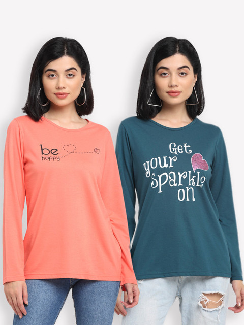 

Kanvin Women Pack of 2 Orange & Teal Typography Printed Round Neck T-shirts