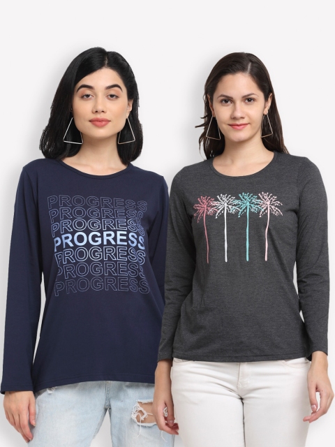 

Kanvin Women Pack Of 2 Typography Printed T-shirts, Navy blue
