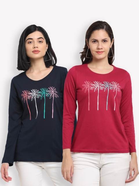 

Kanvin Women Navy Blue & Red Pack of 2 Printed T-shirts