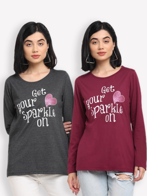 

Kanvin Women Pack of 2 Typography Printed T-shirts, Charcoal