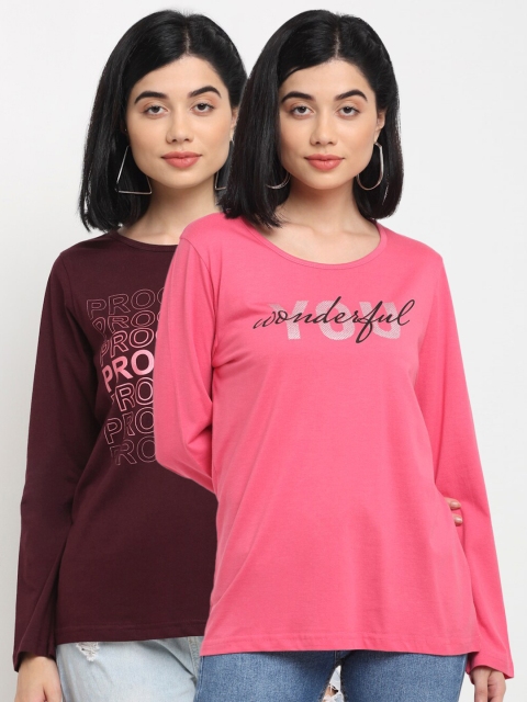 Kanvin Women Brown & Pink Pack Of 2 Printed T-shirts