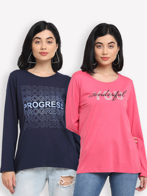 

Kanvin Women Navy Blue & Pink Typography Set Of 2 Printed T-shirt