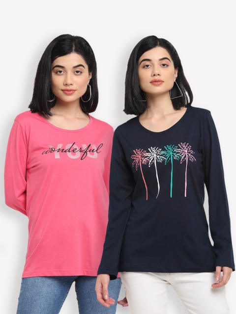 

Kanvin Women Set Of 2 Pink & Black Printed T-shirt