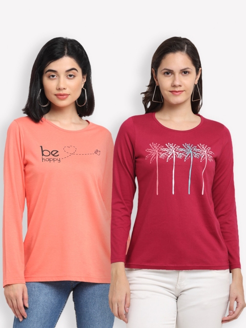 

Kanvin Women Orange & Red Pack of 2 Typography Printed T-shirts