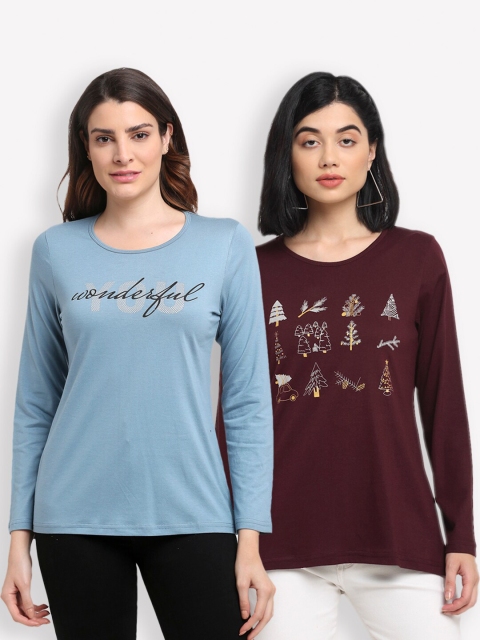 

Kanvin Women Blue & Maroon Typography Two Printed T-shirt