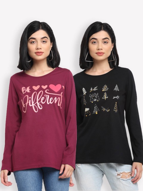 

Kanvin Women Maroon Typography Pack of 2 Printed T-shirt