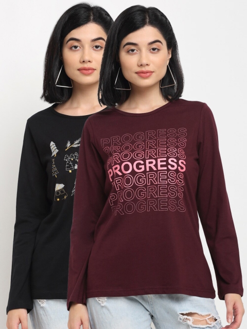 

Kanvin Women Pack Of 2 Brown & Black Typography Printed High Neck T-shirt