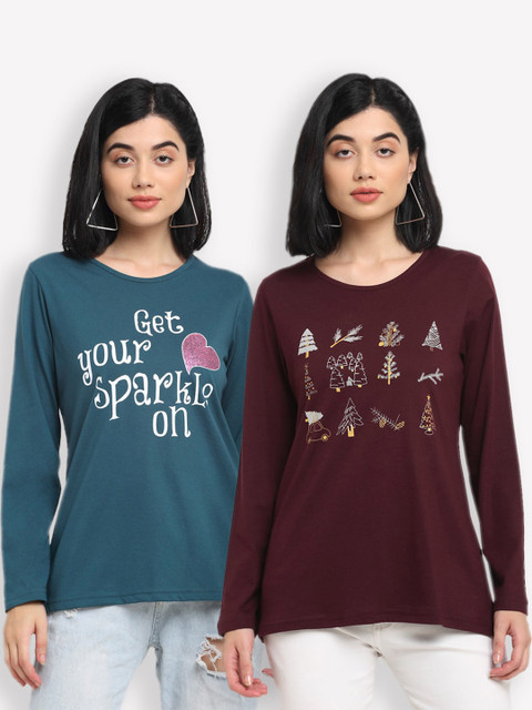 

Kanvin Women Teal Typography Pack of 2 Printed T-shirt