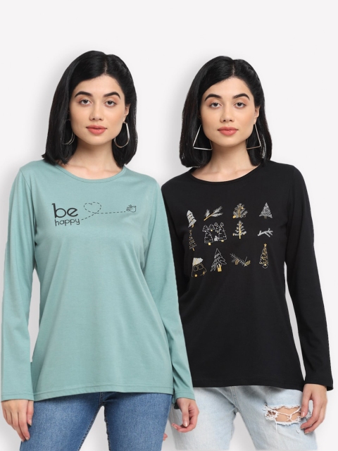 

Kanvin Women Pack of 2 Sea Green & Black Typography Printed T-shirts
