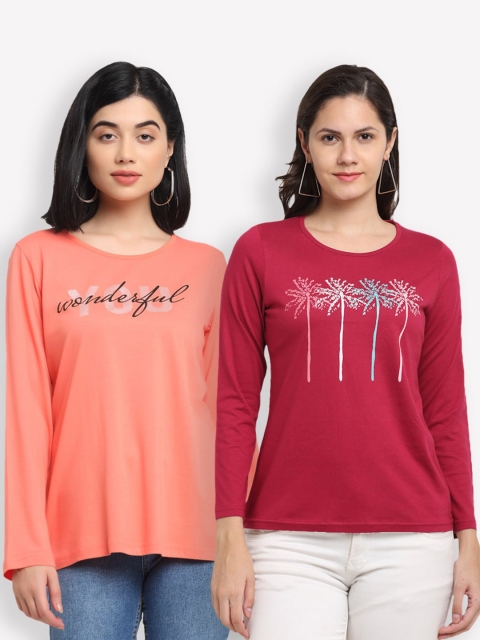 Kanvin Women Orange & Red Set Of 2 Printed T-shirt