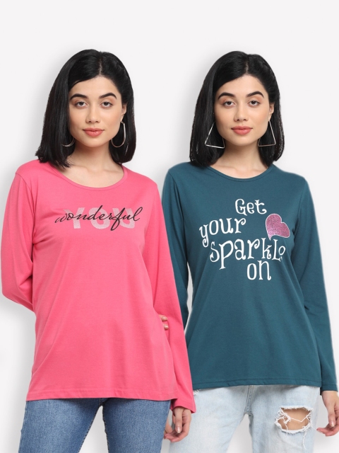 

Kanvin Women Pack of 2 Pink & Teal Printed T-shirt