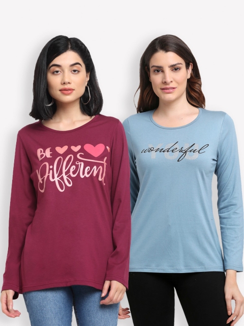 

Kanvin Women Maroon & Blue Typography Set Of 2 Printed T-shirt