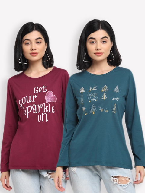 

Kanvin Women Maroon & Teal Set Of 2 Printed T-shirt