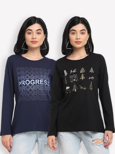 

Kanvin Women Navy Blue & Black Typography Set Of 2 Printed T-shirt