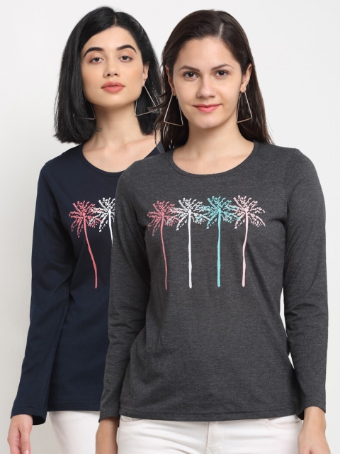 

Kanvin Women Navy Blue & Charcoal Set Of 2 Printed T-shirt