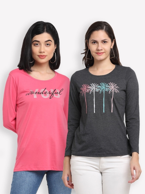 

Kanvin Women Pink & Charcoal Set Of 2 Printed T-shirt