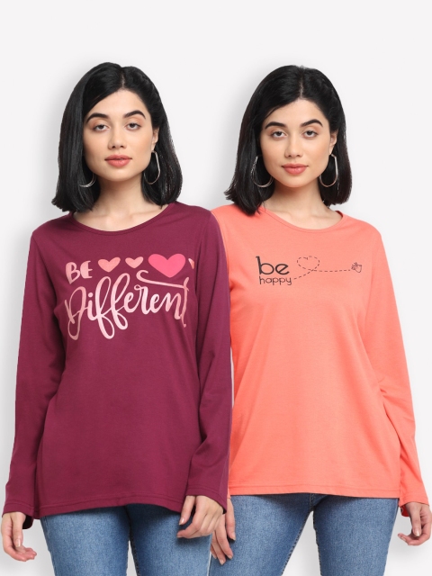 

Kanvin Women Maroon & Peach-Coloured Typography 2 Printed T-shirt