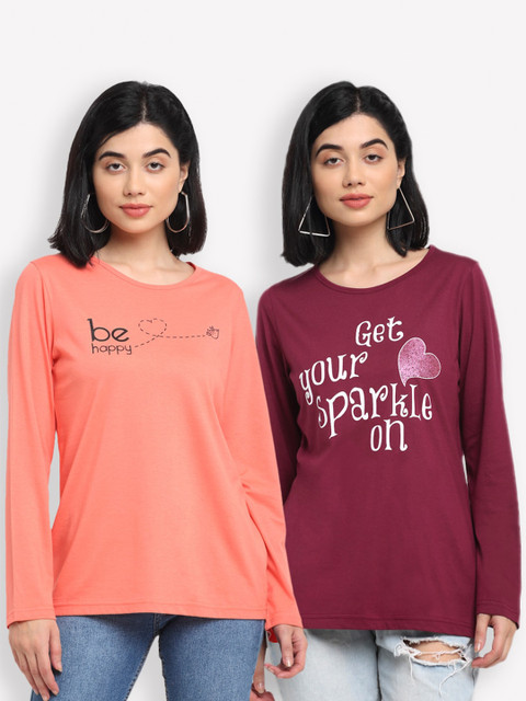 

Kanvin Women Pack of 2 Orange & Maroon Typography Printed T-shirts