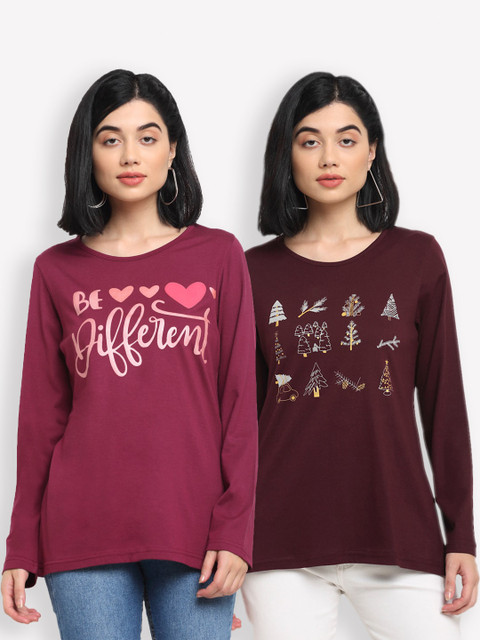 

Kanvin Women Maroon & Brown Pack Of 2 Printed T-shirts