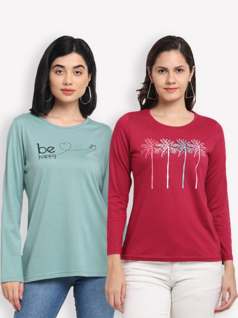 

Kanvin Women Sea Green & Red Set of 2 Typography Printed T-shirt