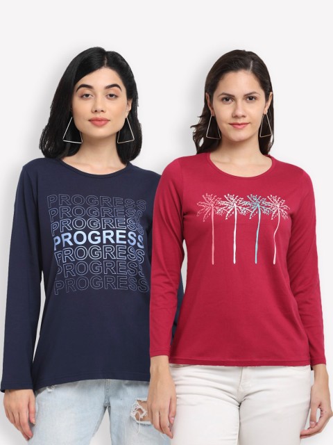 

Kanvin Women Navy Blue & Red Pack of 2 Typography Printed T-shirts