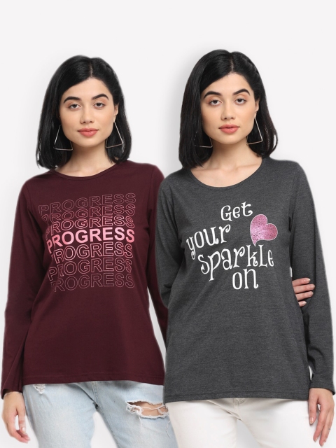 

Kanvin Women Pack of 2 Brown & Grey Printed T-shirt