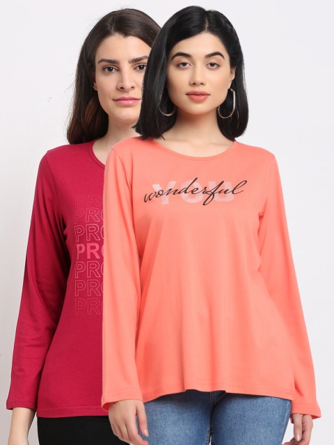 

Kanvin Women Red & Orange Set Of 2 Typography Printed T-shirt