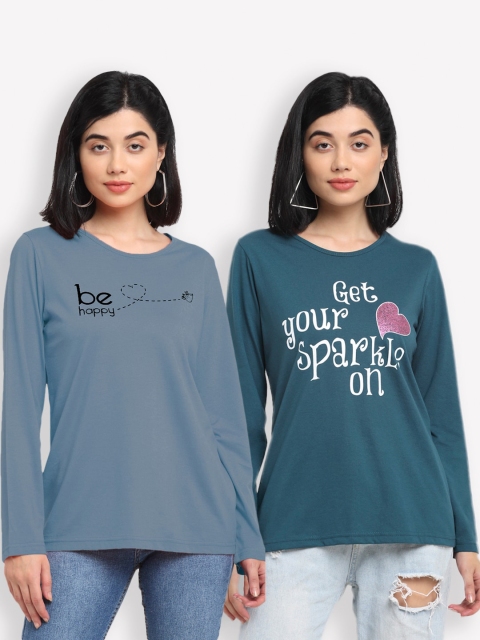 

Kanvin Women Pack of 2 Typography Printed T-shirts, Blue