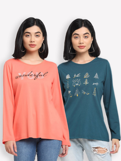 

Kanvin Women Orange & Blue Two Printed T-shirt