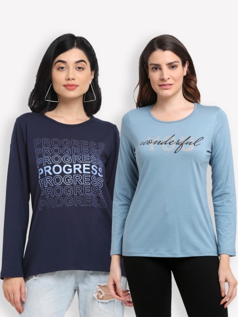 

Kanvin Women Navy Blue Typography Set Of 2 Printed T-shirt