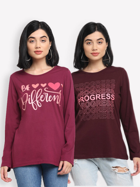 

Kanvin Set of 2 Women Maroon Typography Printed T-shirts