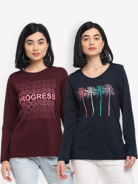 

Kanvin Women Brown & Navy Blue Pack Of 2 Printed T-shirts