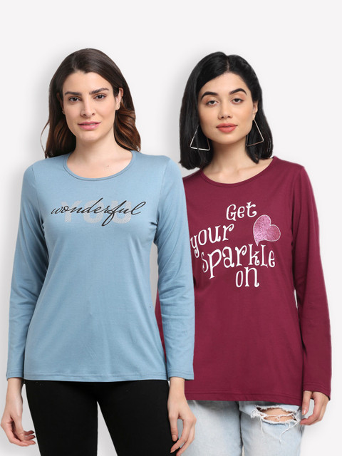 

Kanvin Women Pack of 2 Blue & Maroon Typography Printed T-shirts