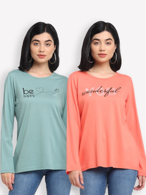 

Kanvin Women Sea Green & Orange Typography Pack of 2 Printed T-shirt