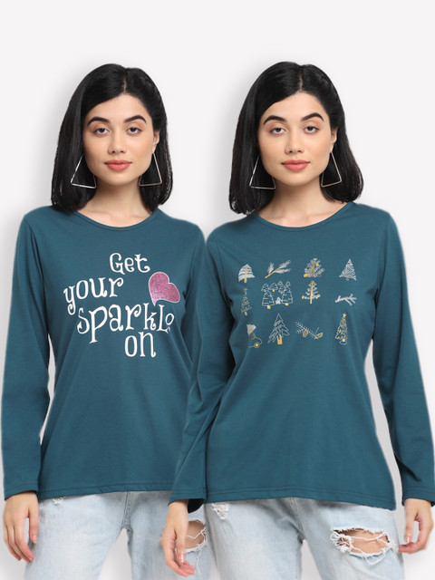 

Kanvin Women Teal Pack Of 2 Printed T-shirts