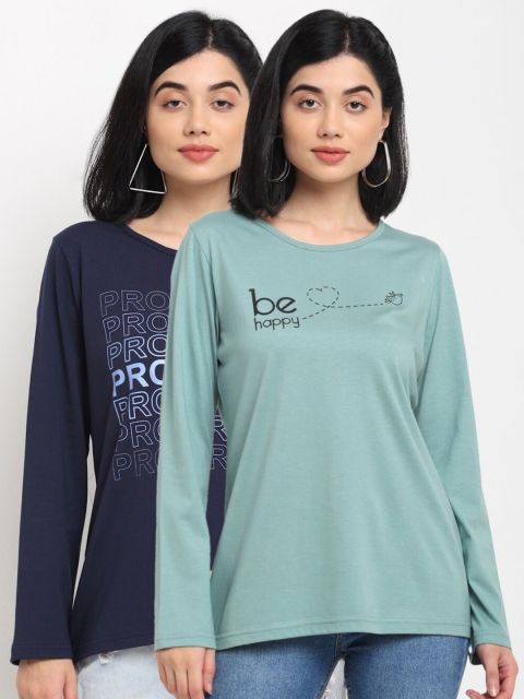 

Kanvin Women Navy Blue & Green Pack Of 2 Typography Printed T-shirt