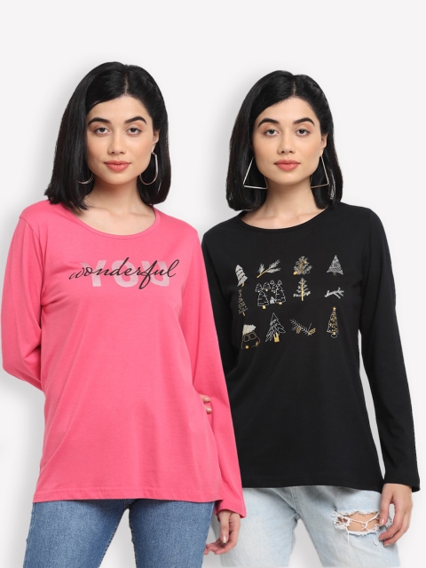 

Kanvin Women Pink & Black Pack of 2 Typography Printed T-shirts