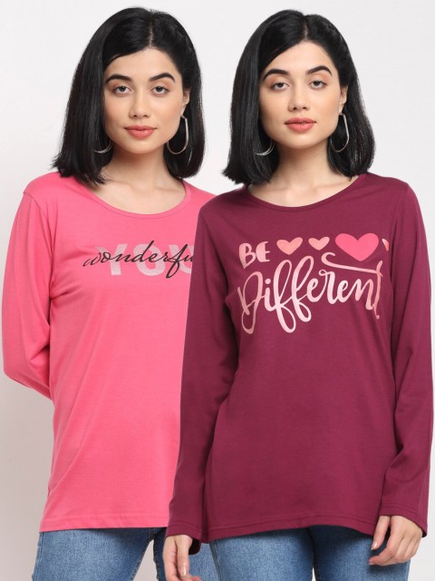 

Kanvin Women Set Of 2 Maroon & Pink Typography Printed T-shirt