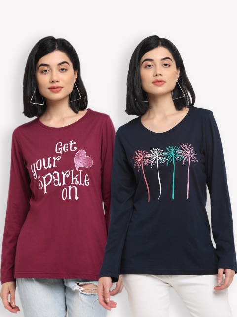

Kanvin Women Pack Of 2 Navy Blue & Maroon Typography Printed T-shirts