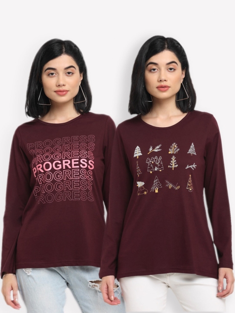 

Kanvin Women Pack Of 2 Brown Typography Printed T-shirt