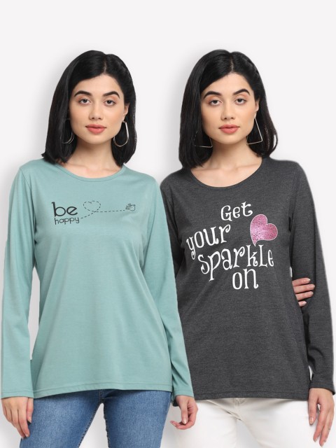 

Kanvin Women Sea Green & Charcoal Set Of 2 Printed T-shirt