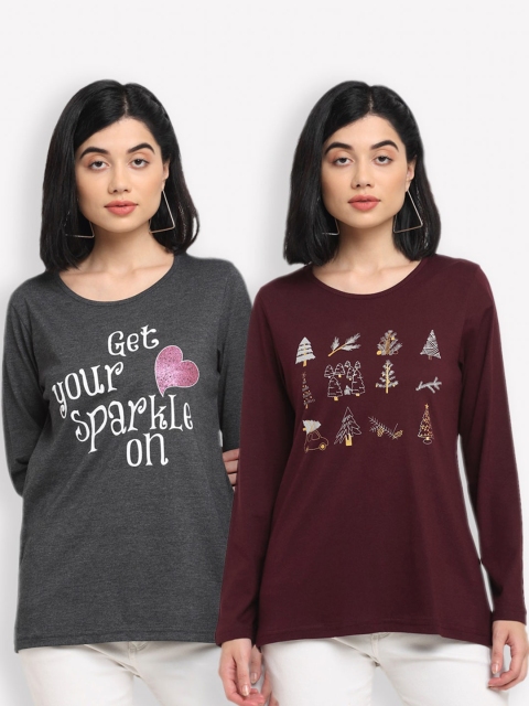 Kanvin Women Pack of 2 Charcoal & Maroon Typography Printed T-shirts
